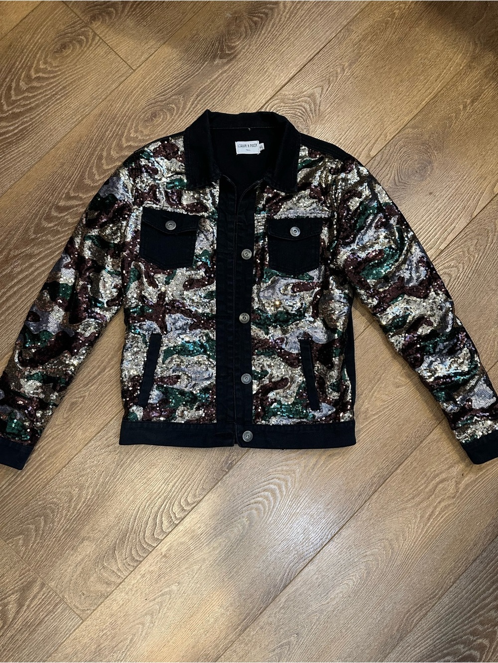 liquor & poker sequin camo jean jacket size 6